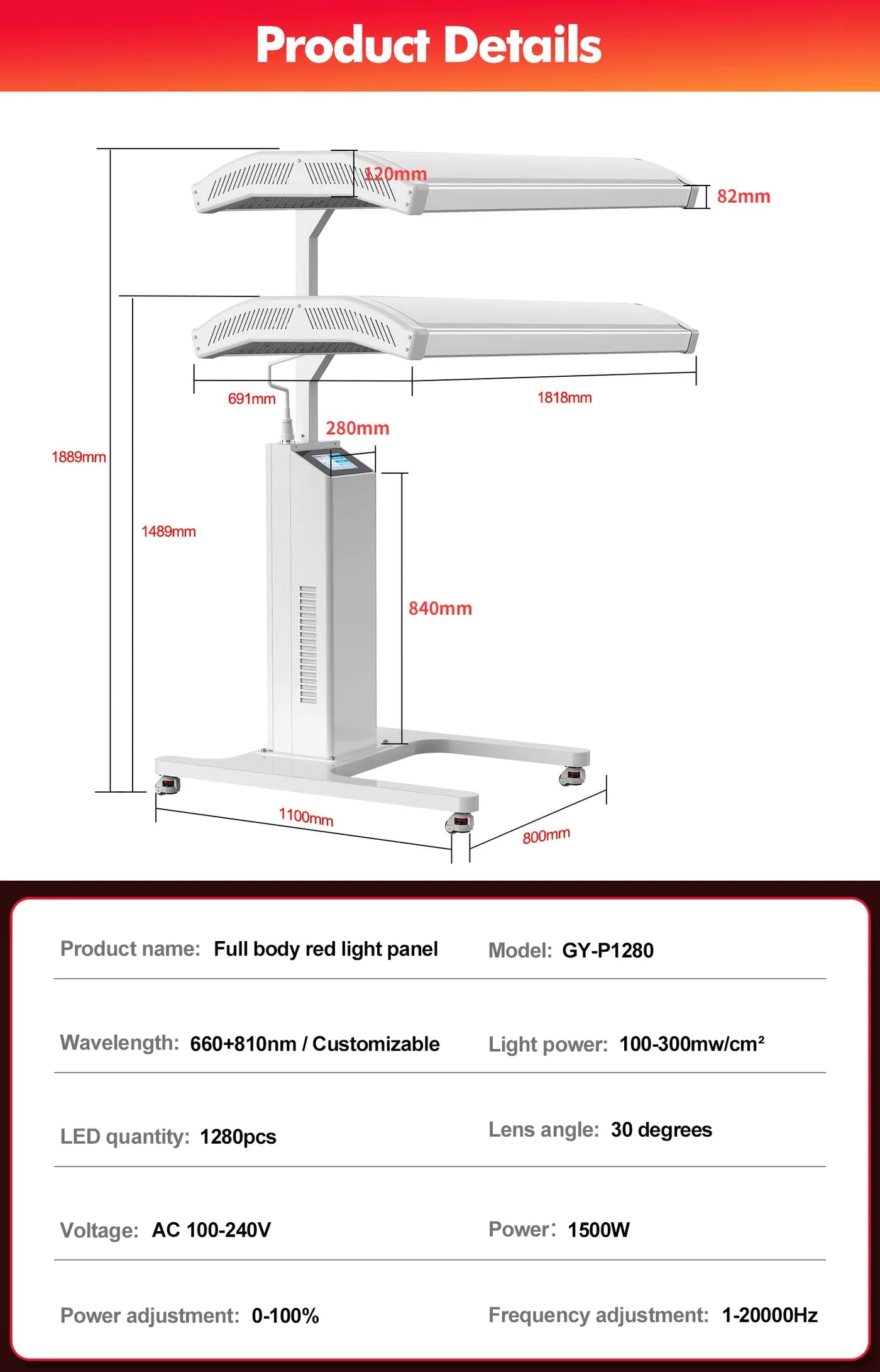 FJ-20262 ProLux1500 Professional Full Body Red Light Therapy Panel 1280 LEDs, 660nm + 810nm Photobiomodulation System