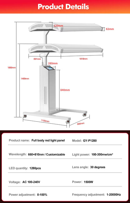 FJ-20262 ProLux1500 Professional Full Body Red Light Therapy Panel 1280 LEDs, 660nm + 810nm Photobiomodulation System