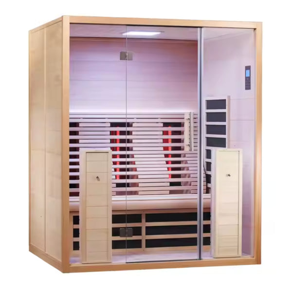 Infrared Sauna Cabin Designed for Home Wellness, Canadian Hemlock Wood, Glass Front Door, Red Light Therapy