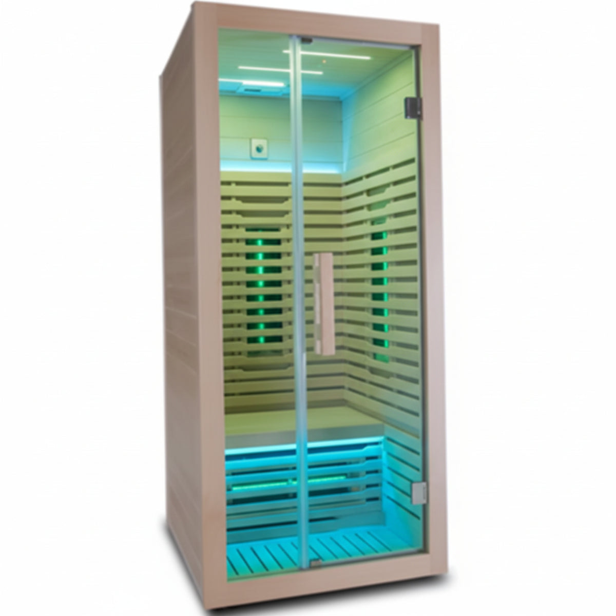 Salt Therapy Room Built for Spa-Grade Halotherapy, Chroma Lighting, Wood Interior, Glass Entry