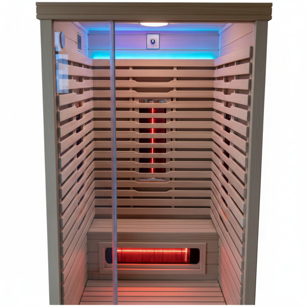 Salt Therapy Room Built for Spa-Grade Halotherapy, Chroma Lighting, Wood Interior, Glass Entry